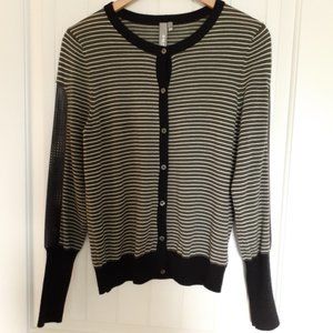 SI-IAE Cashmere & Leather Striped Button Up Cardigan Olive Green Black Size M